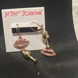 Betsey Johnson Pink and Gold Lip Earrings with Champagne Charm